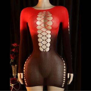 Black & Red, Ombré, Mesh, Lingerie Bodysuit
